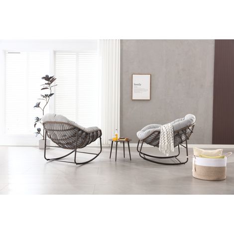 Fauteuil Rocking Chair XXL en Rotin Synthétique Gris avec Coussin Épais pour Intérieur et Extérieur (1/5)