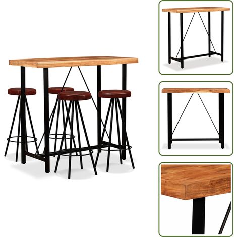 The Living Store Bar-Set 5-tlg. Akazie Massivholz und Echtleder - Bartisch (1/5)