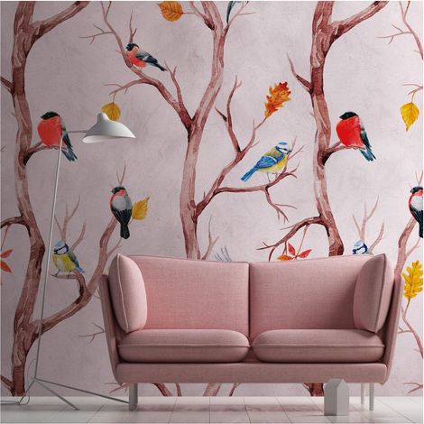 Photo wallpaper Profhome 382301 hot embossed non-woven wallpaper smooth with birds pattern matt pink brown yellow blue 1.59 m x 2.8 m (1/4)