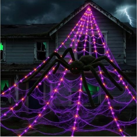 Décoration d'Halloween – Guirlande lumineuse LED en forme de toile d'araignée de 5 m avec 250 LED et une araignée noire pour la maison et le jardin (1/4)
