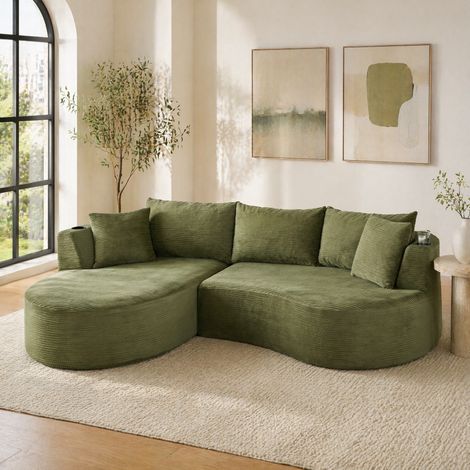 3-Sitzer Sofa, bogenförmiges Design, Getränkehalter, mit Kissen, aus Kordstoff und Schaumstoff, grün (1/5)