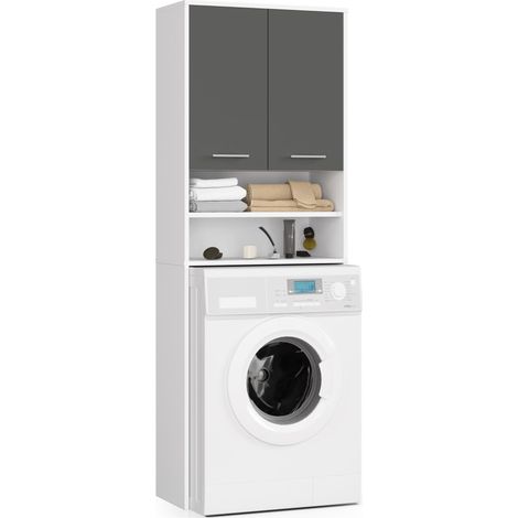 Akord – Meuble machine à laver blanc 64 cm – 2 portes gris graphite – 4 étagères – Dimensions 64x30x180 cm – Panneau stratifié