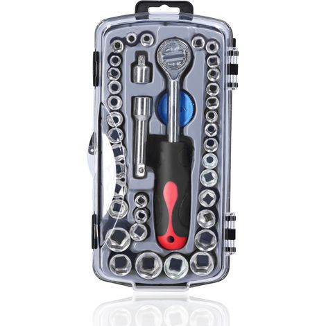 Coffret de 40 douilles, outil pratique pour la réparation de motos, vélos et voitures, comprenant des douilles hexagonales, une clé à cliquet et une boîte de rangement. (1/5)