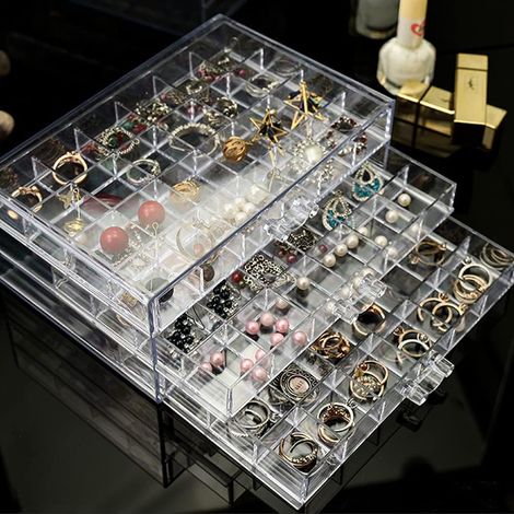Ohrringaufbewahrungsbox aus transparentem Acryl mit 3 Schubladen und 72 kleinen Fächern, Geschenk für Frauen und Mädchen (Transparent) (1/5)