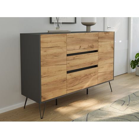 Sideboard Kommode Daro 140cm Greifraum 3 SoftClose 2 Türen Grafit/Eiche Front (1/5)