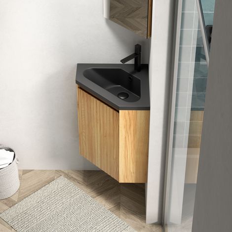 Meuble d'angle salle de bain 38cm avec vasque intégrée en résin noir mat, armoire triangulaire en contreplaqué à rayures, porte unique, préassemblé, finition bois naturel (1/5)