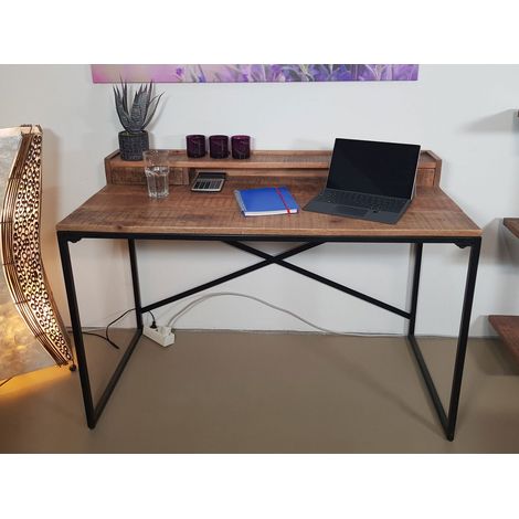 Bureau Informatique en Bois de Manguier Massif et Métal Noir avec 2 Tiroirs 120x88x55 cm - PANGIVO (1/5)