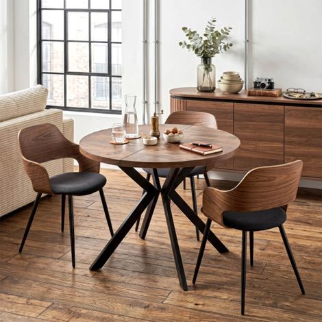 LUKAS Table à manger ronde extensible couleur bois foncé pieds métal noir 100-250 cm (1/5)