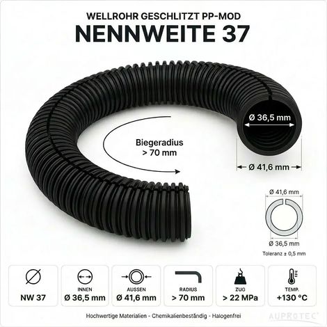 25m PP Wellrohr geschlitzt NW 37 Schwarz Innen-Ø 36,5 mm UV-beständig