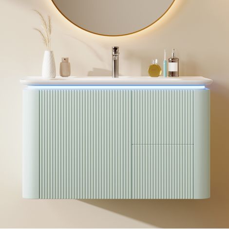 Meuble vasque suspendu 80,5×47,5×51 cm en MDF et céramique, vert, REDOM (1/5)