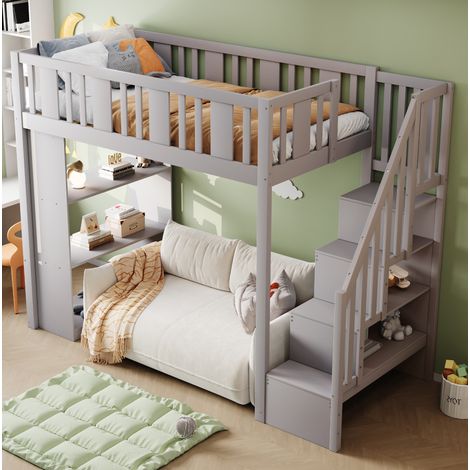 Letto a soppalco 90x200 cm grigio in legno con scala contenitore e 3 vani (1/5)