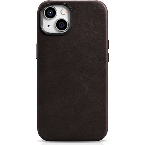 Custodia magnetica in pelle per iPhone 14 Plus con MagSafe, in pregiata pelle cerata color marrone scuro. (1/5)