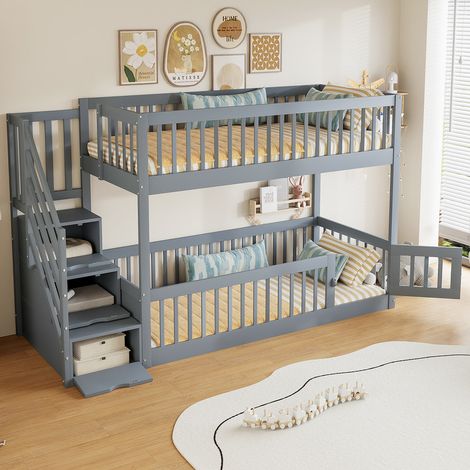 Lit superposé 90x200 cm avec échelle de rangement et tiroirs,lit mezzanine enfant en bois,cadre de lit enfant avec sommier à lattes,Gris (1/5)