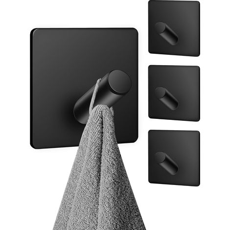 Crochet Adhesif Mural 4 PièCes, Porte - Accroche Serviette Salle de Bain, Accroche Torchon Cuisine Autocollant Acier Inox pour Cuisine, Couloir (Noir) (1/5)