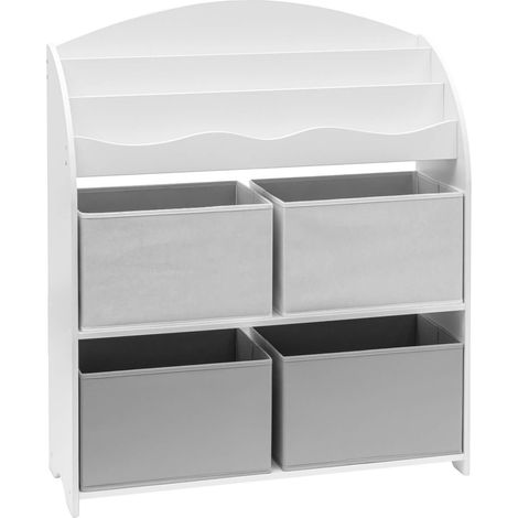 Rebecca Mobili Scaffale per Giocattoli Portagiochi Bambini Bianco Grigio MDF con 4 Scatole