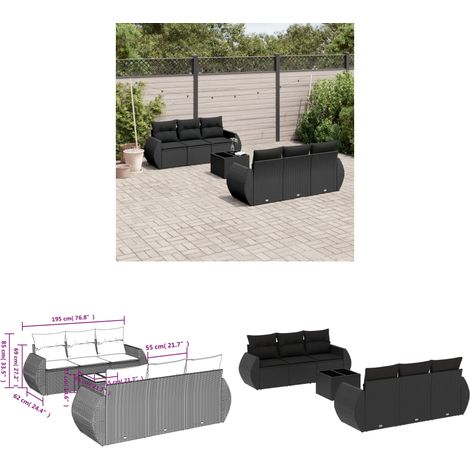 7-tlg. Garten-Sofagarnitur mit Kissen Schwarz Poly Rattan - Gartenmöbel Set - PE-Rattan Möbel - Outdoor Sofa - Esstisch - Lounge Garnitur - Home & Living (1/3)