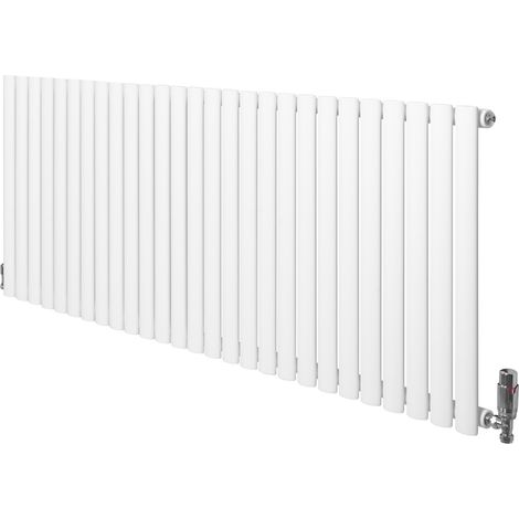 Radiateur à Colonnes Ovales & Vannes 1 Panneau 600 x 1620 mm en Acier Carbone Blanc Chauffage Centrale Moderne Horizontale Monté Sur Mur Cuisine [Brosse de Nettoyage & Supports INCLUSES]