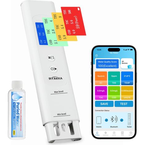 Testeur d'Eau Intelligent 6-en-1 avec App, Analyse TDS/EC/TOC/COD/UV275/Temp, Score 4 Couleurs, Calibration Intelligente, Testeur de Qualité de l'eau Portable pour Filtre, Maison, Camping (1/5)