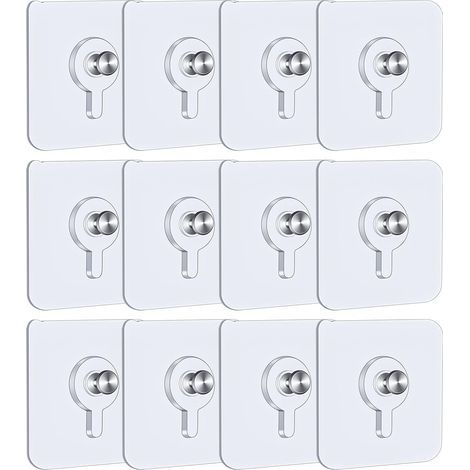 CCYKXA 12 Pcs Adhesive Wall Picture Hooks, 5.5 x 5.5 cm Picture Hooks No Drilling with Detachable Screws, Transparent Adhesive Hooks for Photo Frames Posters Paintings (1/5)