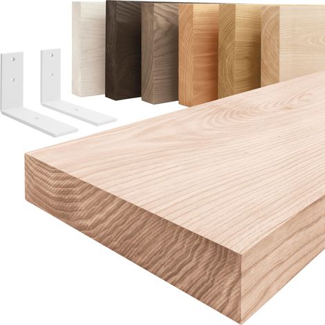 LAMO Manufaktur étagère murale en bois massif, bord régulier, étagère de rangement Basic, bois brut / équerre blanche 60cm, LWG-01-A-001-60LW