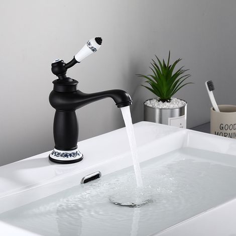 Robinet Mitigeur Lavabo en Laiton Massif Style Rétro Européen, Robinetterie Salle de Bain pour Vasque à Poser, Design Noir Céramique avec Flexible-lsw
