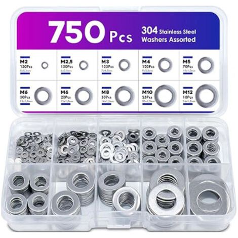 750 Pièces Rondelles Inox, 9 Tailles Rondelles Metal, Rondelle M2 M2.5 M3 M4 M5 M6 M8 M10 M12, Rondelles pour Gonds de Porte, Rondelle Inox pour L'étanchéité Vis Bagues D'étanchéité (1/5)