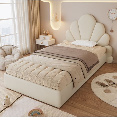 lit chambre couchage 90x200 velours tête florale beige OKMYHOME (1/5)