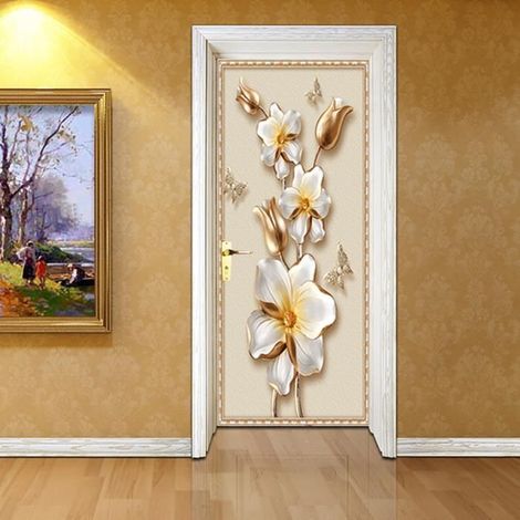 3D Stickers Porte Autocollants de Décoration pour Porte, WOVTE Fleurs d'or PVC Trompe L'oeil Mural,L(45x200cmx2Pcs) (1/4)