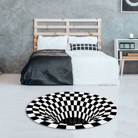 Tapis rond noir blanc effet 3D vortex antidérapant pour chambre salon, tapis de sol motif grille, revêtement de sol moderne (1/4)