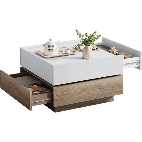 ELVMI Tavolino da Salotto con 2 Cassetti, Piano Girevole 360 Gradi, Contenitore, Soggiorno, 60 x 60 x 38 cm, Bianco Noce (1/5)