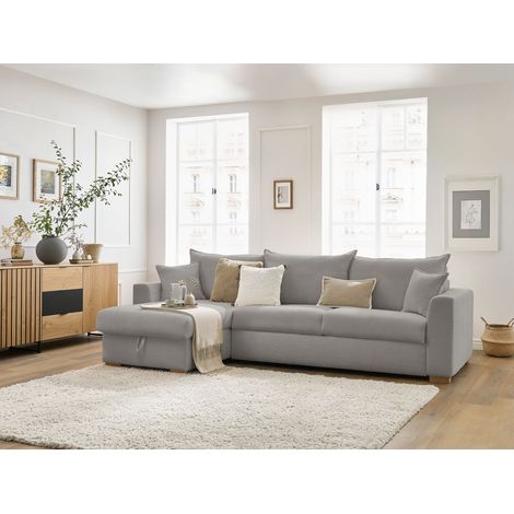 BOBOCHIC - Canapé d'angle réversible convertible ouverture express AUGUSTIN tissu bouclette  140x200 Gris clair (1/5)