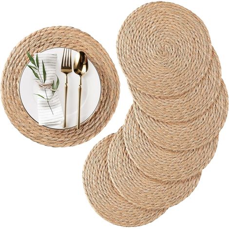 Set de 6 dessous de plat ronds en jonc de mer tressé, rotin naturel 30 cm, sets de table tissés style ferme et bohème, résistants à la chaleur pour extérieur, napperons en osier pour table de patio. (1/5)