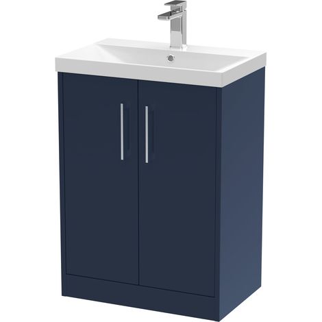 Winshill Contemporary 2 Door Floor Standing Vanity Unit with Thin Edge Basin, Dark Blue, 600mm (1/4)