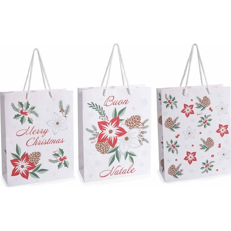 Sacchetti / buste di Natale di dimensione media in carta natalizia con manici con stampa stella di Natale, set da 48 pezzi, cm 19 x 8 x 24,5 H