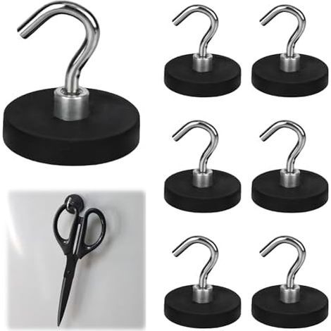 Set of 6 black magnetic hooks, 43 mm thick, with hooks, no drilling required, extra strong, 10 kg, for cruise ships, iron doors, refrigerators, kitchens, wardrobes, bathrooms - (1/5)