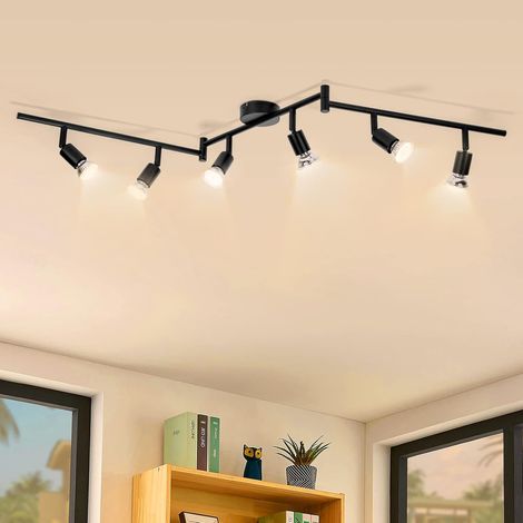 1 Plafonnier 6 Spots Orientables, Métal Noir Mat, Douille GU10, Pour Salon Cuisine Chambre