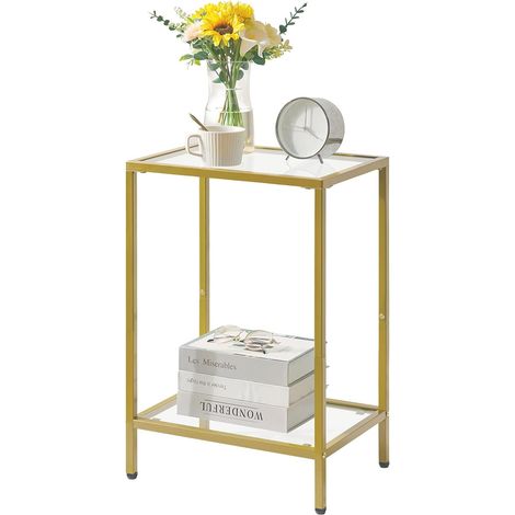 Table d'Appoint à 2 Niveaux, Table Basse, Table de Chevet, Table Téléphone, Bout de Canapé, Table pour Salon, Chambre, Couloir 38×28×56CM Dorée HGD002G (1/5)