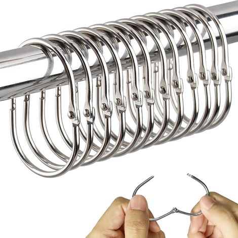 12 Crochets de Rideau de Douche en Métal Argent, Anneaux Antirouille, Suspension Ovale, Pratique (1/5)