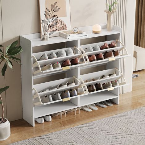 Scarpiera in truciolare bianco 110 x 24 x 90 cm, 4 scomparti a ribalta, ripiani regolabili e vani aperti
