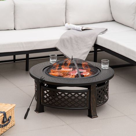 Brasero Outsunny con atizador, rejilla protectora contra chispas, cesta para fuego, mesa redonda para fuego, brasero para jardín, camping, barbacoa, acero, negro, 81 x 81 x 50 cm (1/5)