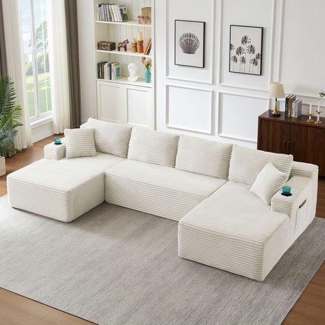 Canapé d'angle en U 339cm,canapé modulable 6 places,velours côtelé,assise profonde,chaise longue surdimensionnée en mousse à mémoire de forme,Beige (1/5)