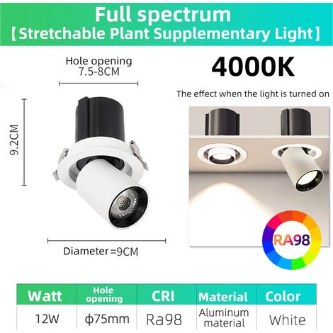 Lampes de croissance pour plantes (12 W 4000 K, puce LED) Lampe de croissance pour plantes à spectre complet, tube spot intégré, angle réglable, simulant l'énergie solaire, pour une croissance optimal (1/5)