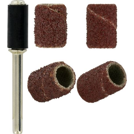 Tivoly •  4 Mini-Bandes Corindon G80/120 Ø6,35 mm + Pilote •  Tige Ø3mm • Adapté à un usage sur mini perceuse type Dremel (1/3)