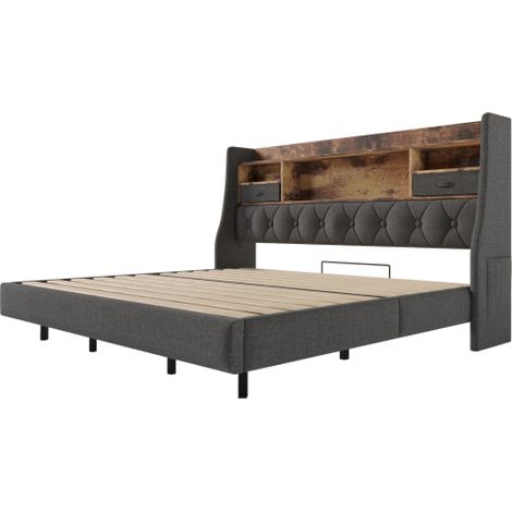 Polsterbett Schwebebett mit LED-Beleuchtung, Kopfteil und Ladestation(1 Type-C, 3 USB-Anschlüsse), Modern Einzelbett mit Stauraum-Kopfteil und lattenrost, Leinen(Ohne Matratze)