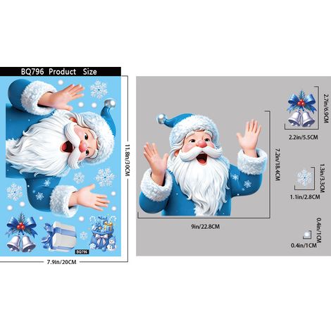 Décorations bleues de Noël et d'hiver, autocollants de fenêtre bonhomme de neige, autocollants de fenêtre Père Noël faisant signe, ambiance festive.