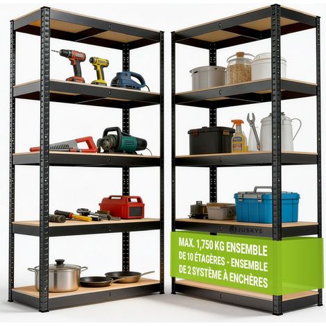 Juskys Étagère de stockage Basic lot de 2 180x90x40 cm – 2 étagères robustes avec 10 tablettes – max. 1750 kg - Métal galvanisé - Étagère de cave, étagère métallique - Gris
