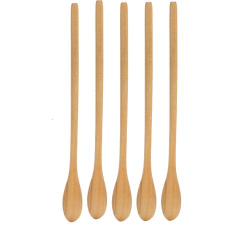 Ensemble de 5 cuillères en bois ovales, légères et confortables, à long manche, idéales pour remuer le café, le thé et le sucre. (1/5)