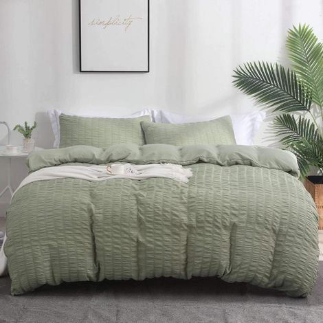 Parure de lit Seersucker 220x240cm Vert Respirant Rafraîchissant avec fermeture éclair
