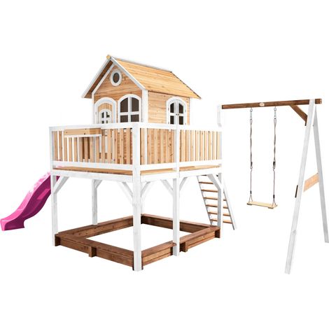 Axi Liam Maison Enfant Avec Bac À Sable, Balançoire & Toboggan Violet  Aire De Jeux Pour L'Extérieur En Marron & Blanc  Maisonnette / Cabane De Jeu En Bois Fsc