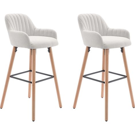 Lot de 2 tabourets de bar en tissu et pieds bois de hêtre - Crème - ELEANA
